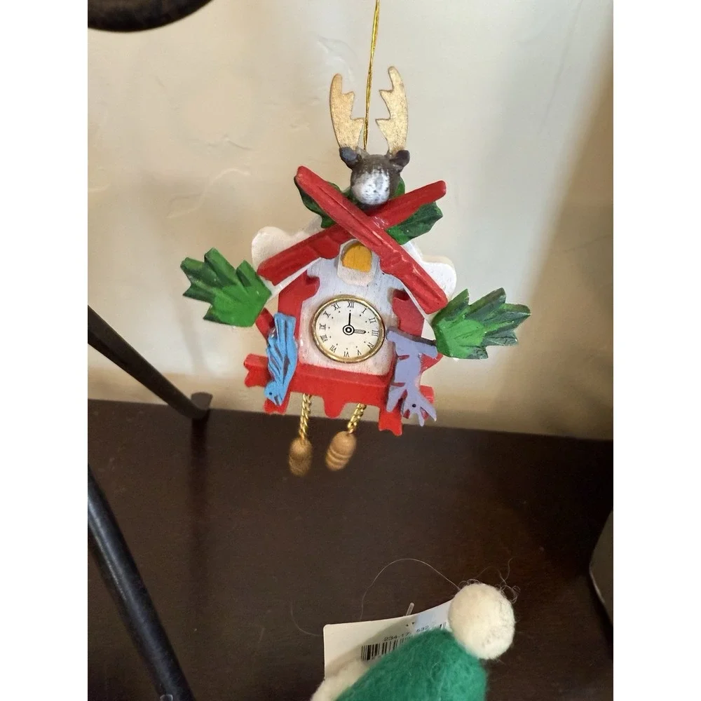 Lot of 5 Christmas Ornaments VTG Red Green Santa & Snowman Plush Music Box Clock